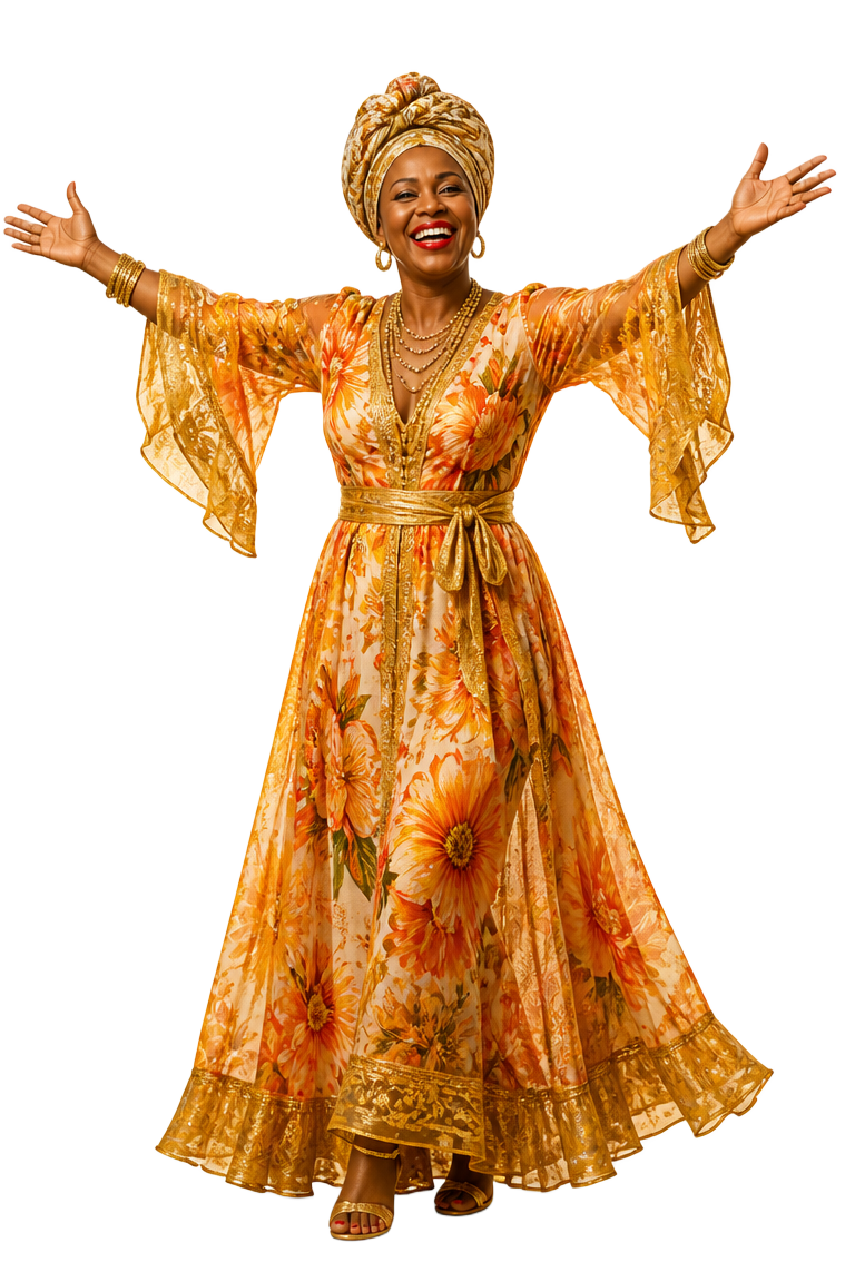 Celebration Amy — 3D brand avatar of Amy in a golden floral dress, arms open