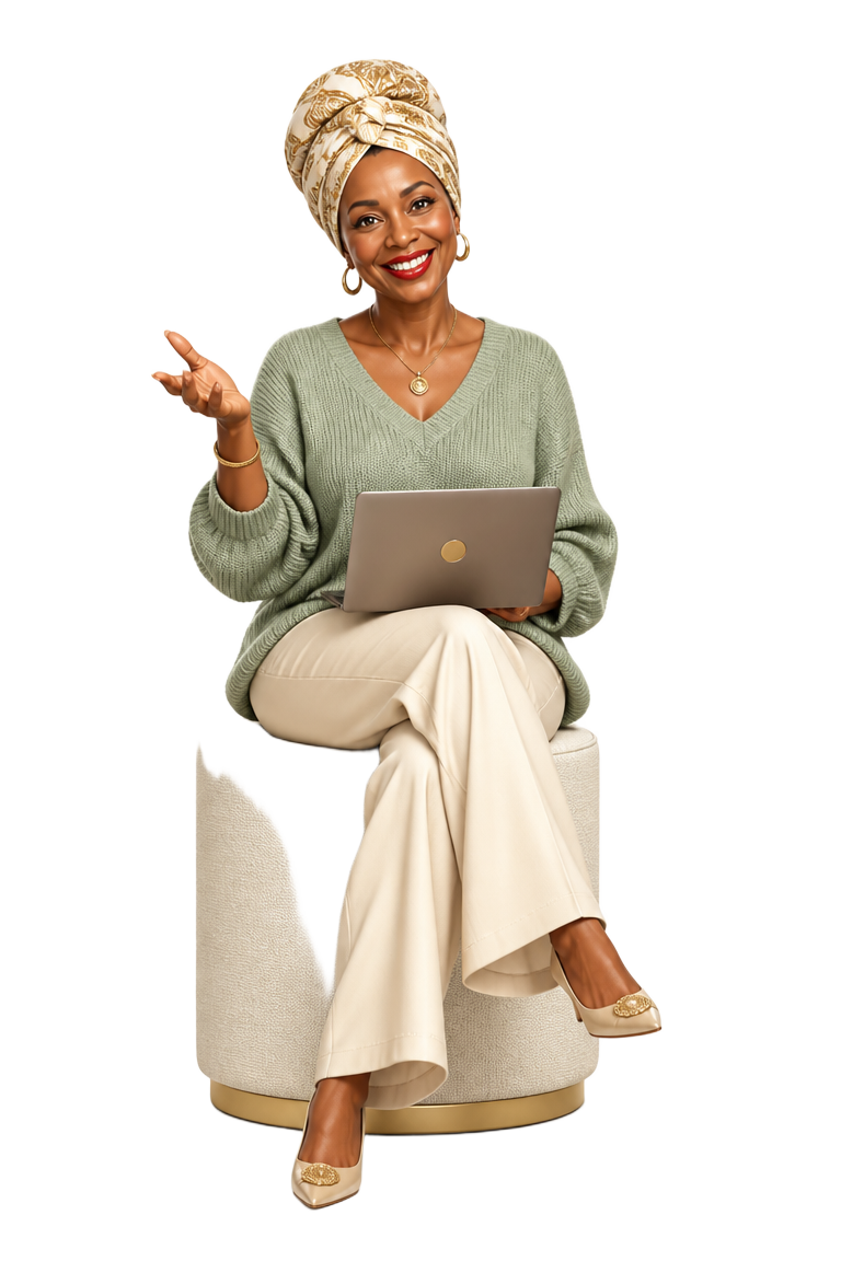 Amy the Mentor — 3D brand avatar of Amy seated with a laptop