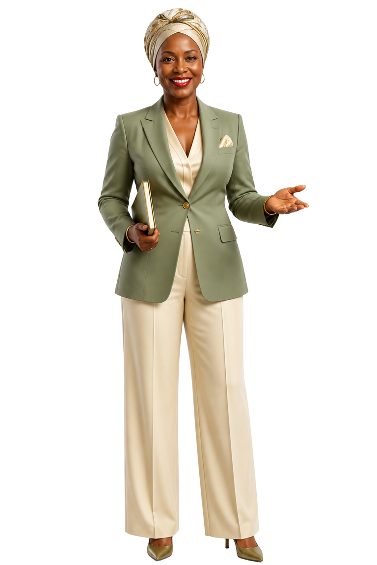 Amy the Coach — 3D brand avatar of Amy in a sage blazer holding a notebook